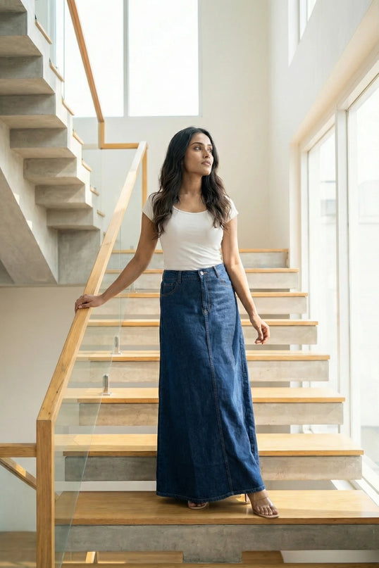 Classic Dark Wash Denim Maxi Skirt