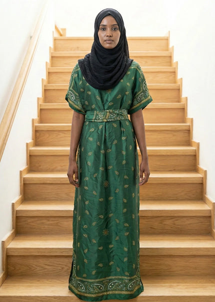 Luxe Jacquard Satin Kaftan with Print Detail