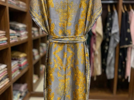 Luxe Jacquard Satin Kaftan with Print Detail