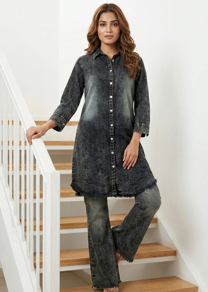 Acid Wash Denim Tunic & Wide-Leg Jeans Co-ord Set