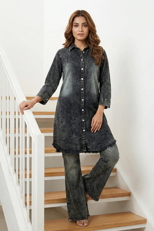 Acid Wash Denim Tunic & Wide-Leg Jeans Co-ord Set
