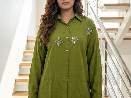 Textured Crinkle Button-Down Shirt with Crystal Eye Embellishments