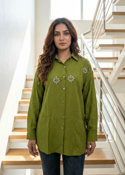 Textured Crinkle Button-Down Shirt with Crystal Eye Embellishments