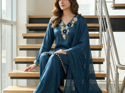 3D Floral Embroidered Silk Suit Set
