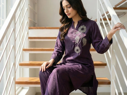 Luxe Satin-Silk Purple Suit with Silver Beadwork