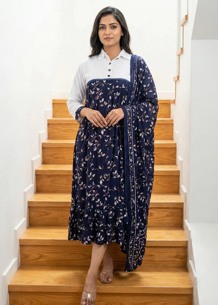 Botanical Print Fusion Set with Dupatta