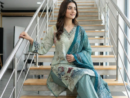 Serene Sage Green & Teal Digital Print Suit Set