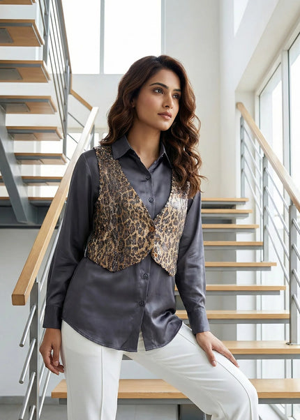 Sequined Animal Print Vest Shirt