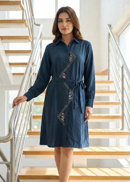 Embroidered Tie-Waist Shirt Dress