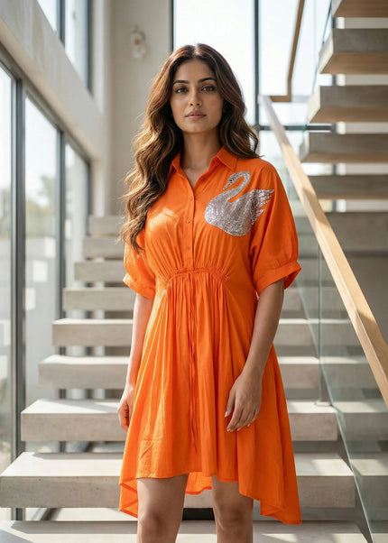 Radiant Orange Swan Embellished Shirt Dress