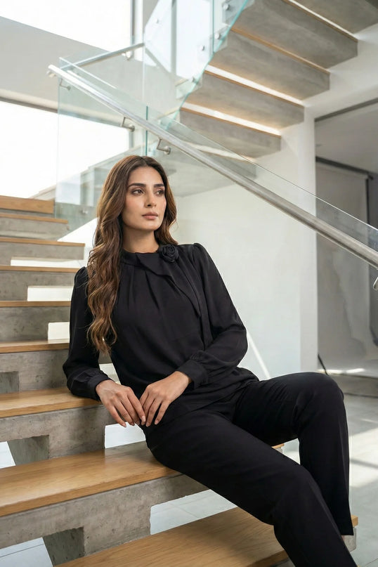 Sophisticated High-Neck Blouse with Asymmetrical Drape