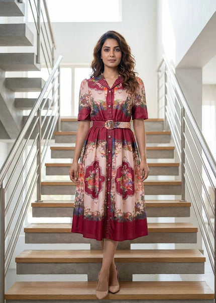 Baroque Floral Belted Shirt Dress