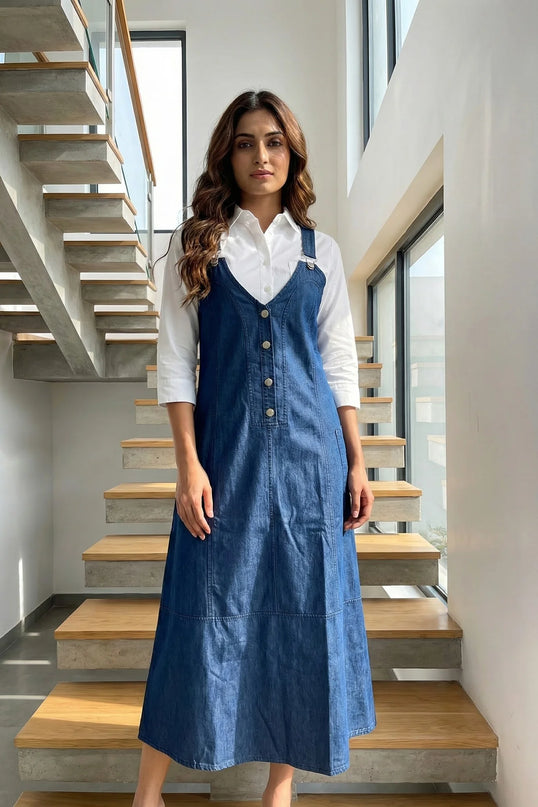 Classic Denim Pinafore Maxi Dress