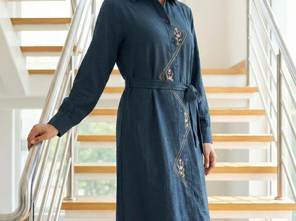 Embroidered Tie-Waist Shirt Dress