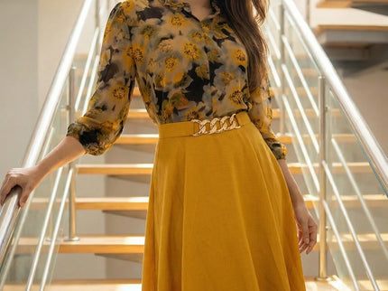 Abstract Print Ruffled Blouse & Midi Skirt Set