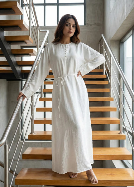 Elegant White Crinkle-Texture Modest Maxi Dress