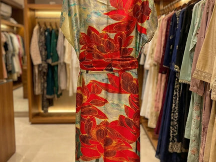 Luxe Jacquard Satin Kaftan with Print Detail