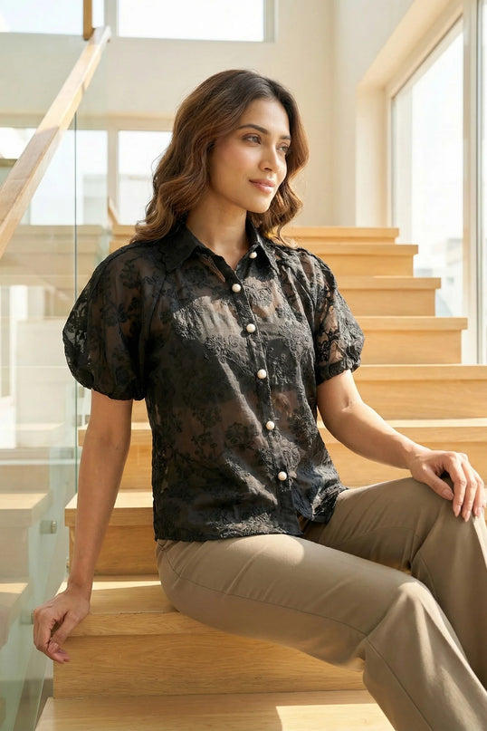 Embroidered Puff Sleeve Blouse