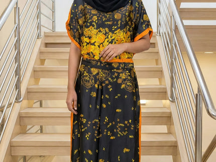 Luxe Jacquard Satin Kaftan with Print Detail