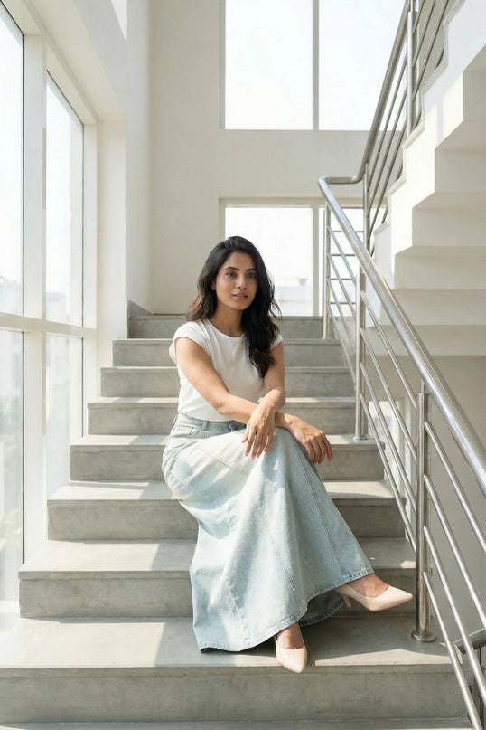 Vintage Light-Wash Paneled Denim Maxi Skirt