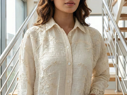 Cream Textured Embroidered Button-Down with Lace Detail