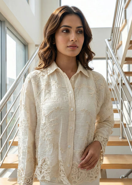 Cream Textured Embroidered Button-Down with Lace Detail