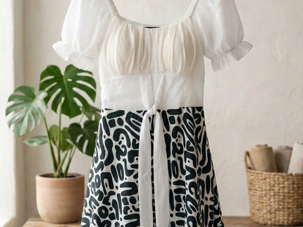 Abstract Print Puff Sleeve Fit & Flare Dress