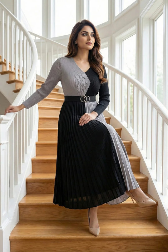 The Petal & Pleat Two-Tone Midi Dress