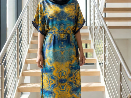 Luxe Jacquard Satin Kaftan with Print Detail