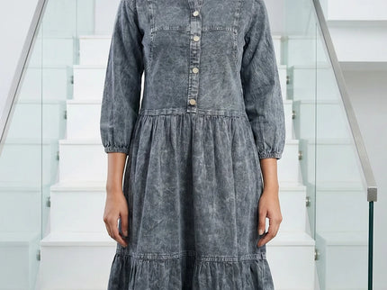 Acid Wash Denim Tiered Midi Dress