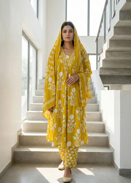 Floral Block Print Cotton Suit Set