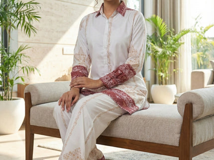 Elegant Damask Print Tunic & Wide-Leg Trouser Set