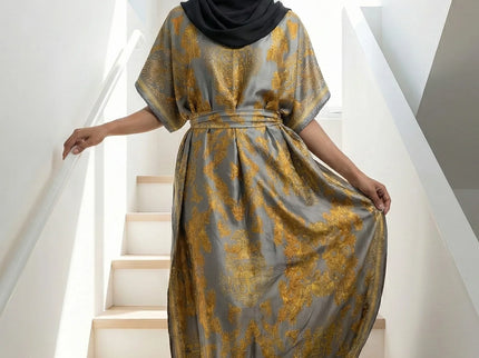 Luxe Jacquard Satin Kaftan with Print Detail