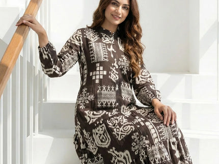 Brown Geometric Print Tiered Maxi Dress