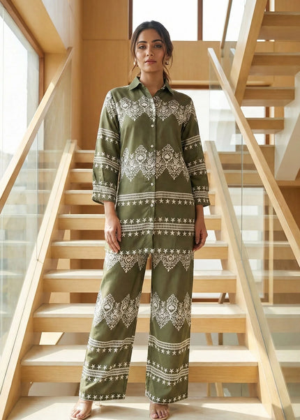 Olive Green Geometric & Star Print Co-ord Set