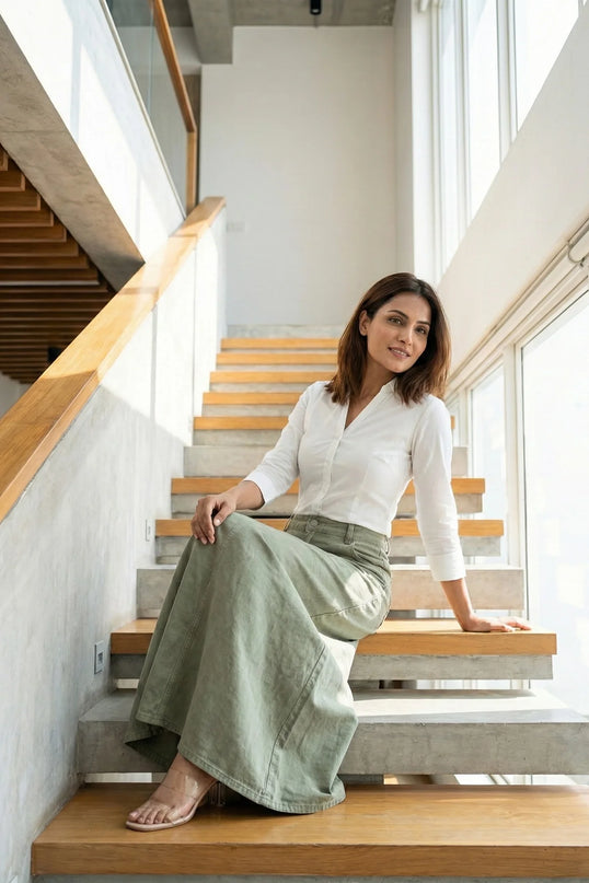 Olive Green Denim Maxi Skirt