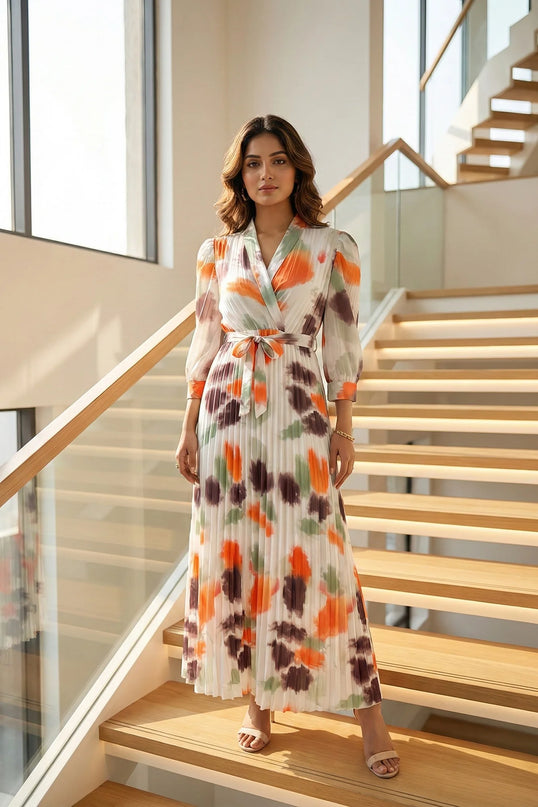 Elegant Abstract Print Pleated Wrap Maxi Dress