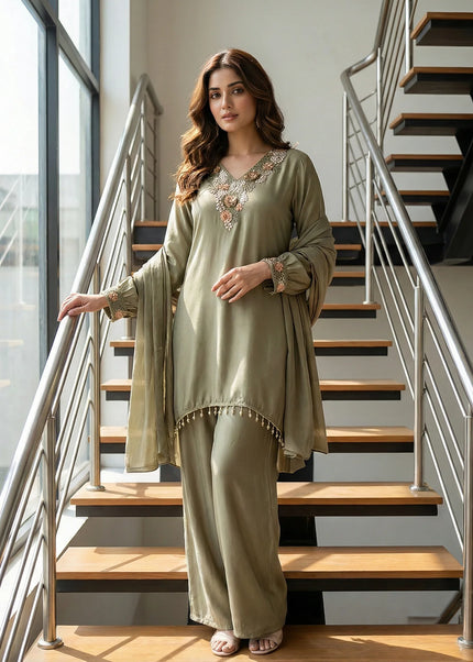 3D Floral Embroidered Silk Suit Set