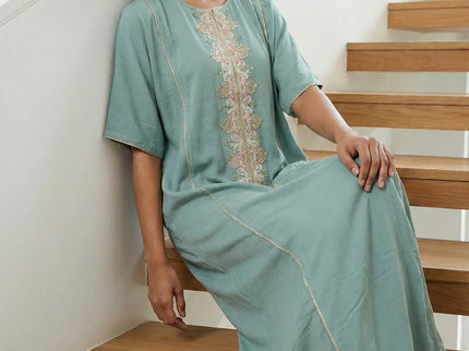 Elegant Teal Green Embroidered Maxi Dress