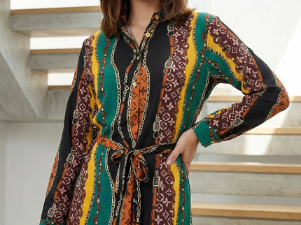 Belted Chain Print Shirt Dress