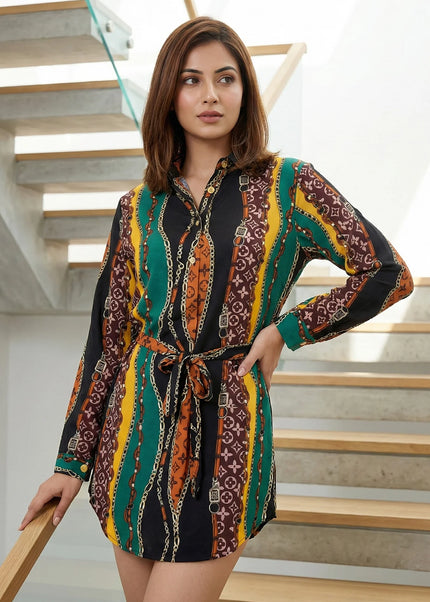 Belted Chain Print Shirt Dress
