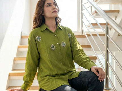 Textured Crinkle Button-Down Shirt with Crystal Eye Embellishments