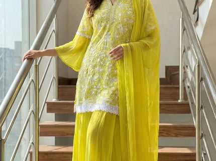 Lime Green Floral Embroidered Palazzo Set