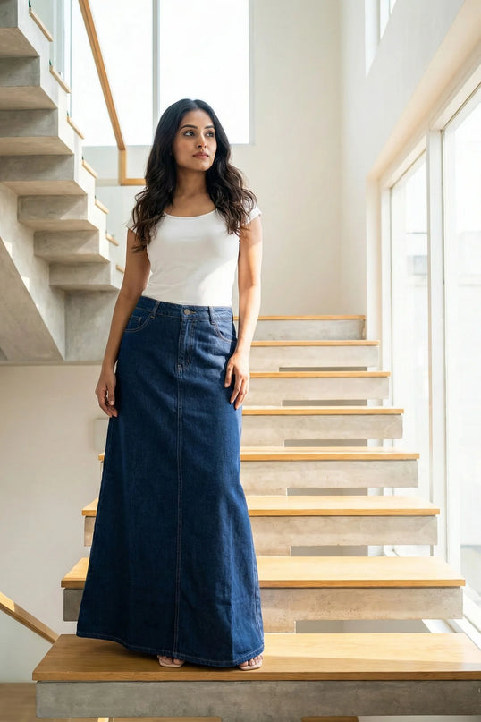 Classic Dark Wash Denim Maxi Skirt