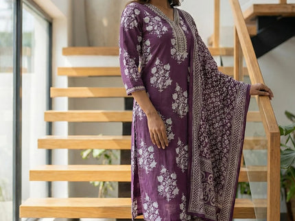 Deep Plum Floral Print Cotton Suit Set