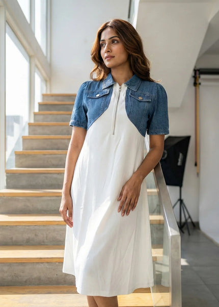 Chic Denim-Layered Midi Dress
