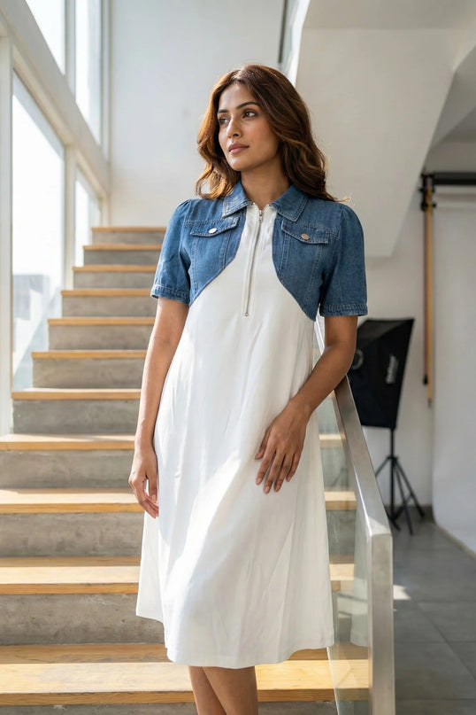 Chic Denim-Layered Midi Dress