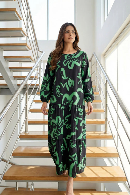 Round Neck Abstract Swirl Flowing Gown