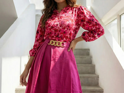 Abstract Print Ruffled Blouse & Midi Skirt Set