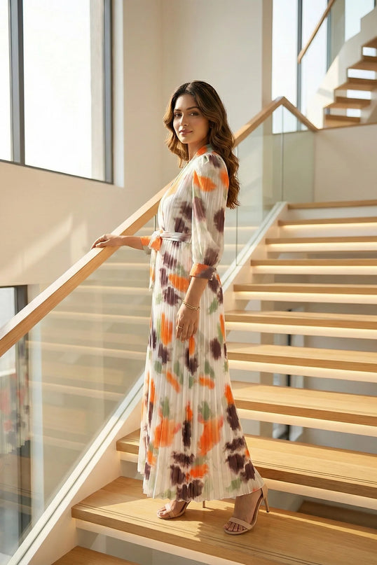 Elegant Abstract Print Pleated Wrap Maxi Dress